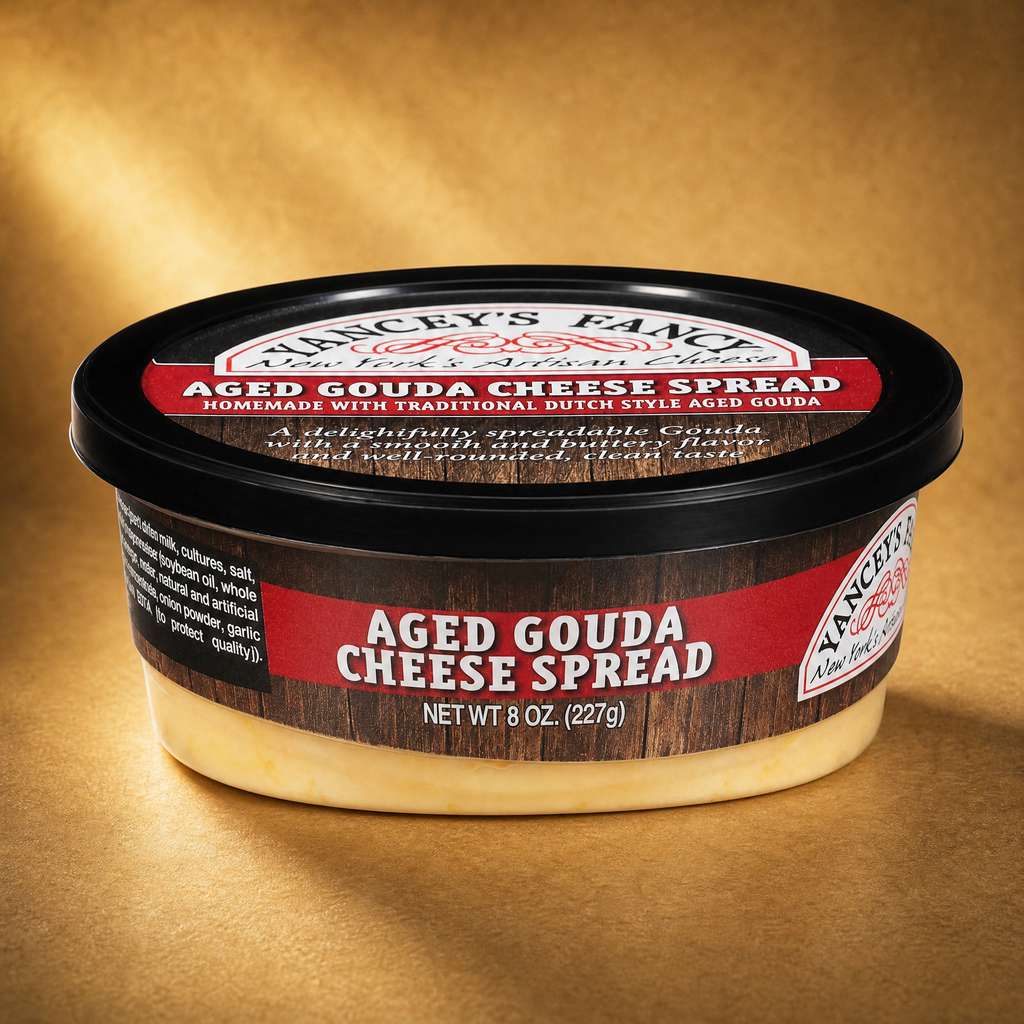 A dramatic product shot of an 8-ounce (227g) tub of Yancey's Fancy Aged Gouda Cheese Spread lit from above on a textured dark table. The container features a black lid with a dark red banner label, and a side label with bold white text reading "AGED GOUDA CHEESE SPREAD" over a red stripe and faux woodgrain background. The pale amber-colored cheese dip is visible through the clear plastic bottom of the tub.