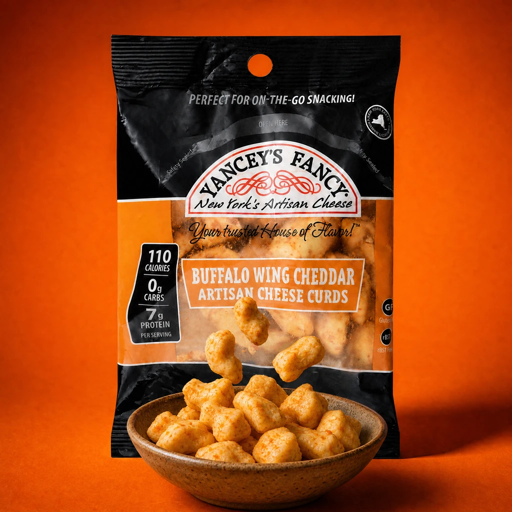 A bag of Yancey's Fancy Buffalo Wing Cheddar Artisan Cheese Curds with cheese curds tumbling into a bowl. The packaging highlights 110 calories, 0g carbs, and 7g protein per serving against a vibrant orange background.