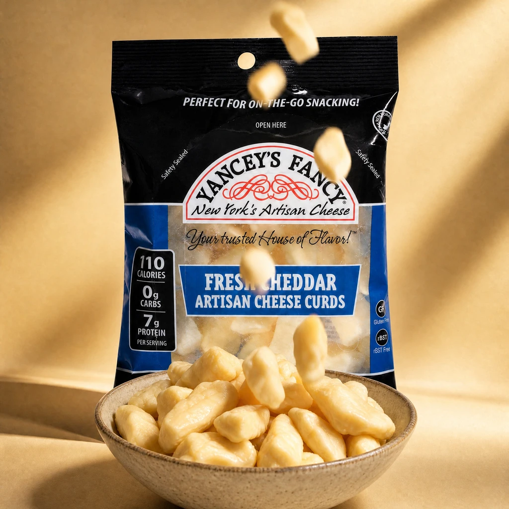 A bag of Yancey's Fancy Fresh Cheddar Artisan Cheese Curds with cheese curds tumbling into a bowl. The packaging highlights 110 calories, 0g carbs, and 7g protein per serving against a vibrant background.