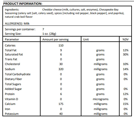 Yancey's Fancy Chesapeake Bay Cheddar Nutritional information and Ingredients.