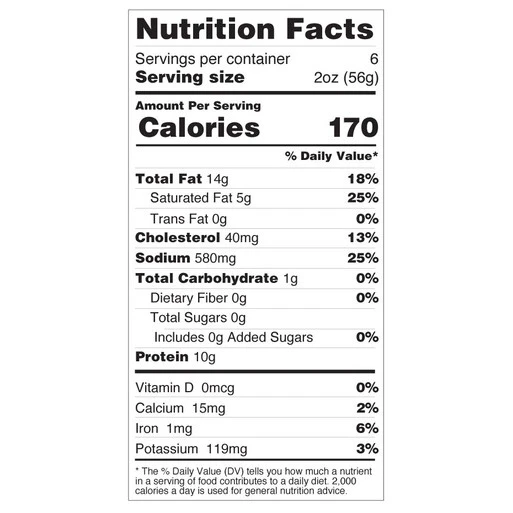A standard FDA Nutrition Facts label displayed in black text on a white background. It lists 6 servings per container with a serving size of 2 ounces (56 grams). Each serving contains 170 calories, 14 grams of Total Fat (18% DV), 5 grams of Saturated Fat (25% DV), 0 grams of Trans Fat, 40 milligrams of Cholesterol (13% DV), 580 milligrams of Sodium (25% DV), 1 gram of Total Carbohydrates (0% DV), and 10 grams of Protein. Micronutrients include 0 micrograms of Vitamin D, 15 milligrams of Calcium (2% DV), 1 milligram of Iron (6% DV), and 119 milligrams of Potassium (3% DV).