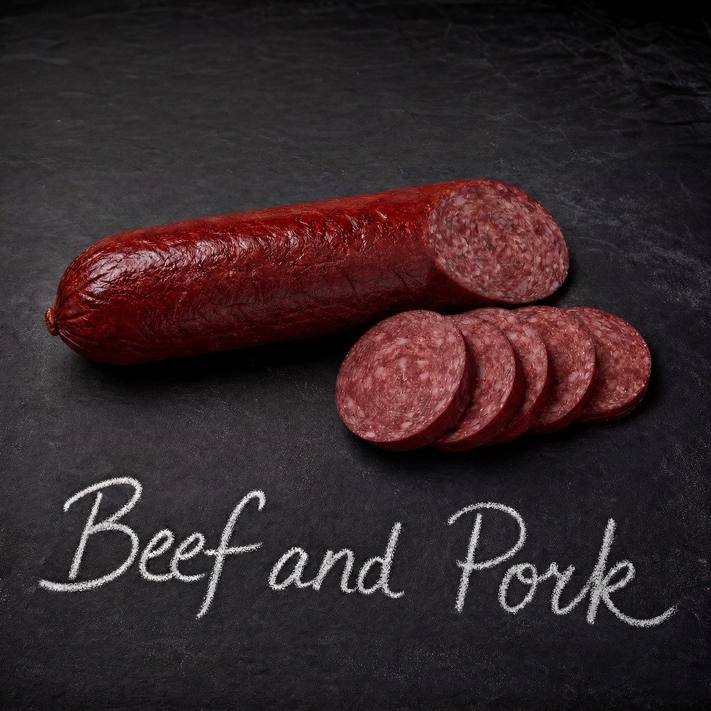 A log of Yancey's Fancy Beef & Pork Summer Sausage with the flavor written in chalk.
