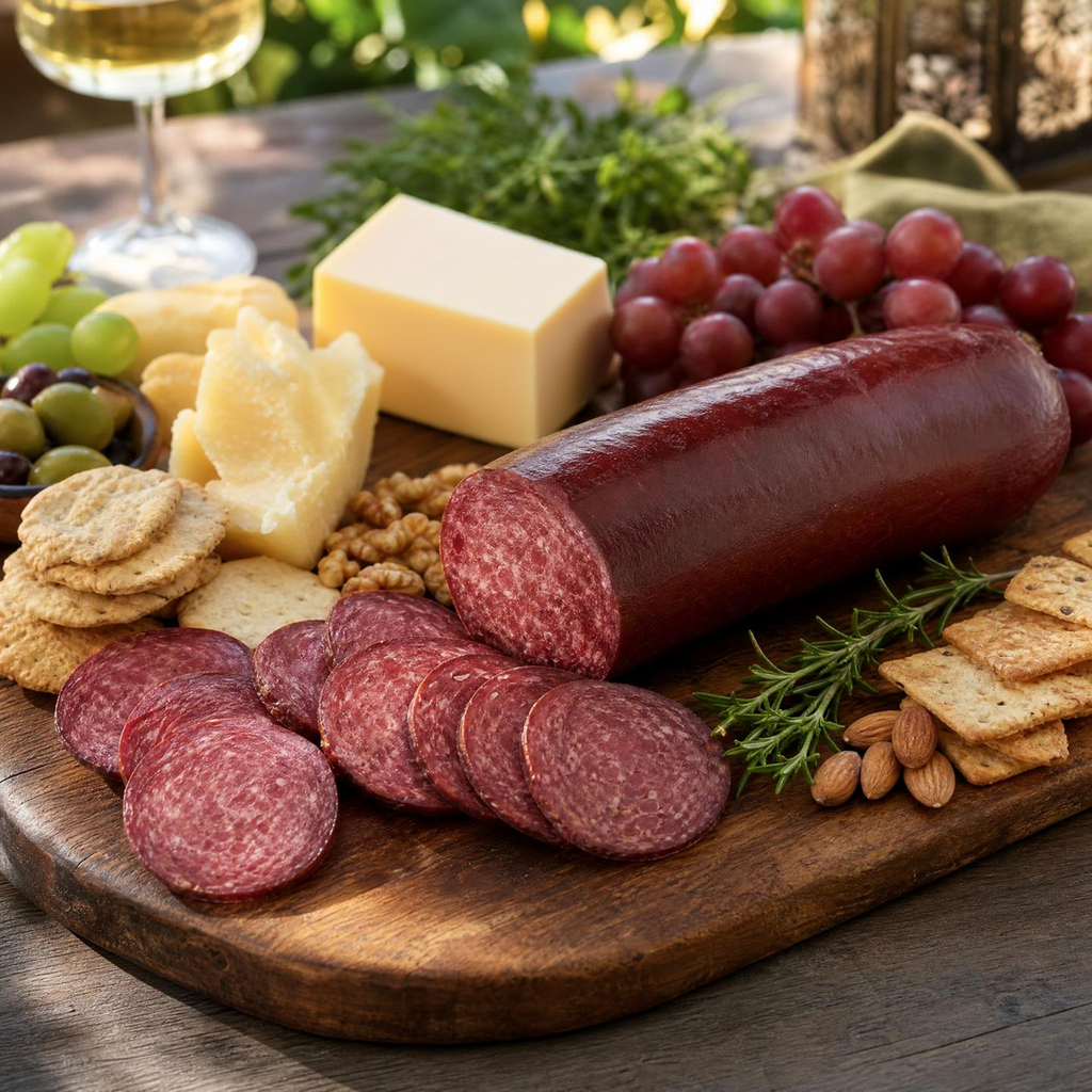 An elegant, rustic charcuterie board presented on a dark wooden platter. The center of attention is a large log of summer sausage, partially sliced into thin, marbled rounds fanned out in the foreground. Surrounding the meat is an assortment of appetizers: blocks and crumbles of white cheese, a bunch of red grapes, green olives, walnuts, almonds, and a variety of gourmet crackers. Sprigs of fresh rosemary add a touch of green, and a glass of white wine is visible in the soft-focus background, creating a warm, upscale atmosphere.