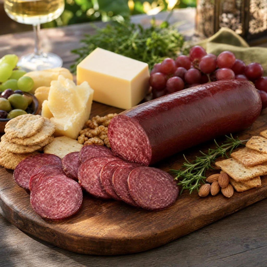 An elegant, rustic charcuterie board presented on a dark wooden platter. The center of attention is a large log of summer sausage, partially sliced into thin, marbled rounds fanned out in the foreground. Surrounding the meat is an assortment of appetizers: blocks and crumbles of white cheese, a bunch of red grapes, green olives, walnuts, almonds, and a variety of gourmet crackers. Sprigs of fresh rosemary add a touch of green, and a glass of white wine is visible in the soft-focus background, creating a warm, upscale atmosphere.