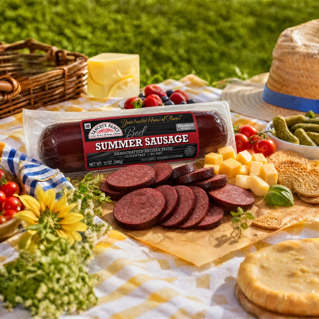 A vibrant outdoor picnic spread on a yellow-and-white checkered blanket over green grass, featuring a log of Yancey's Fancy Beef Summer Sausage with a red label alongside a pile of its freshly sliced rounds. The charcuterie arrangement includes cubed cheese, crackers, cherry tomatoes, gherkin pickles, and fresh berries. A straw hat, a woven basket, and bright yellow flowers frame the scene, capturing a bright, sunny aesthetic.