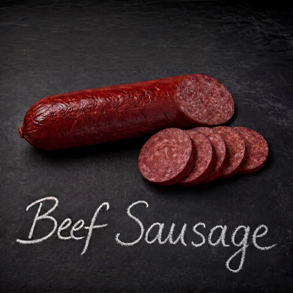 Yancey's Fancy Beef Summer Sausage sliced with the flavor written in chalk.