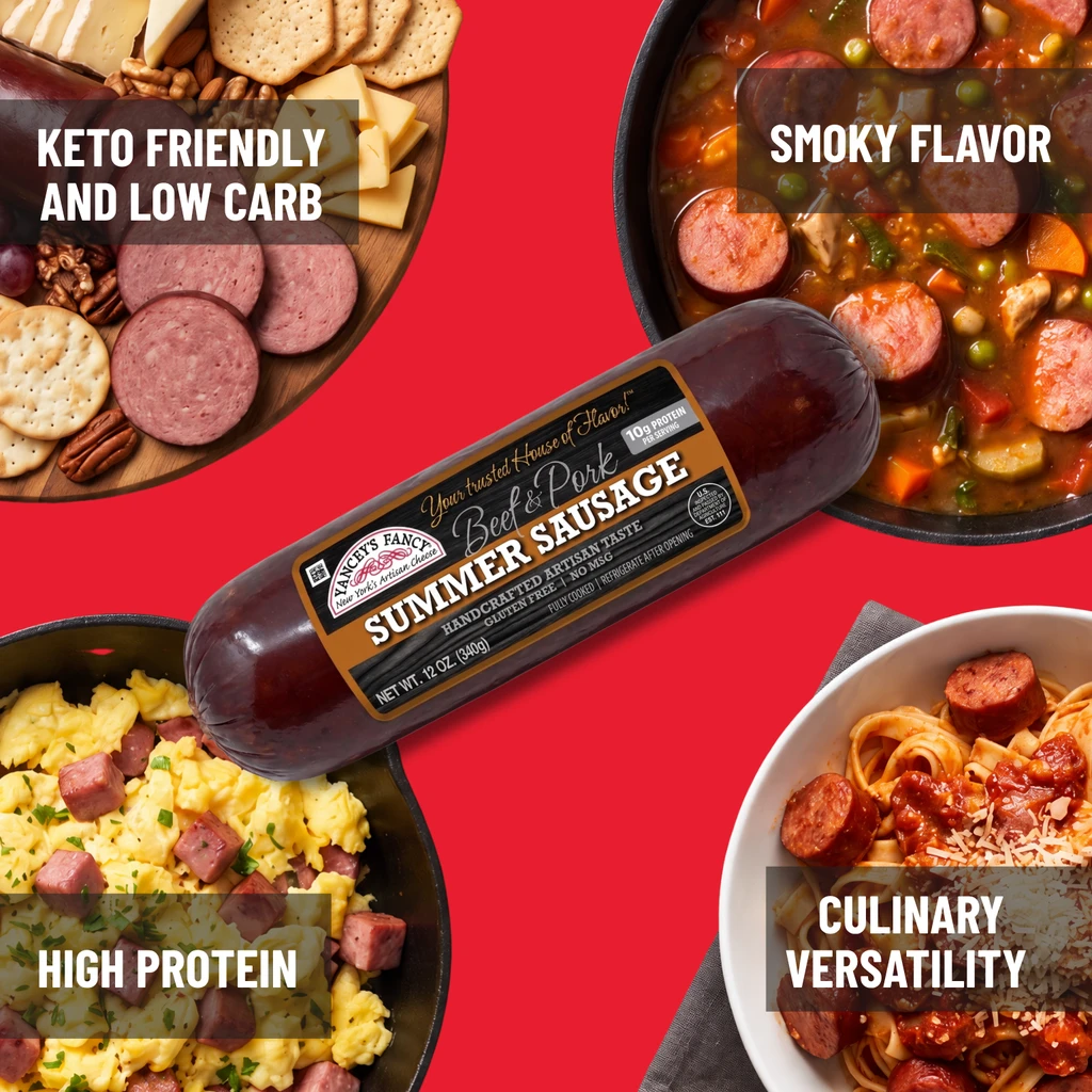 Yancey's Fancy Summer Sausage great snack benefits; high protein, culinary versatility, keto friendly, low carb.