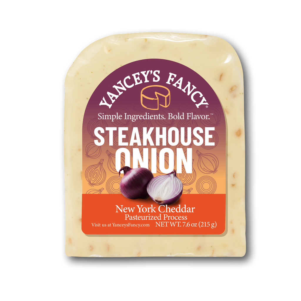 Yancey's Fancy Steakhouse Onion Cheddar 7.6 ounce wedge packaged.