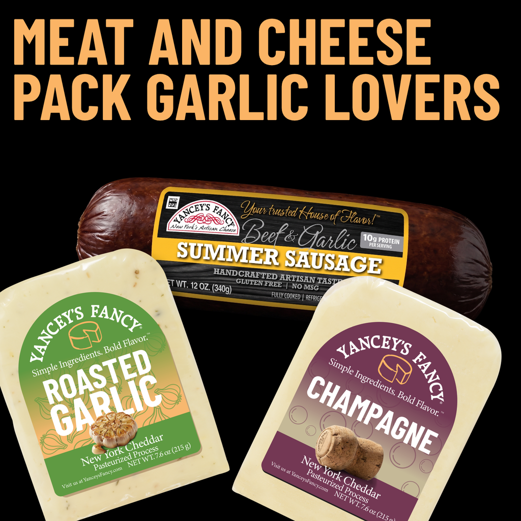 Yancey's Fancy Garlic Lovers Charcuterie Meat & Cheese Pack includes Beef & Garlic Summer Sausage, 7.6 ounce wedge of Champagne Cheddar and 7.6 ounce wedge of Roasted Garlic Cheddar.