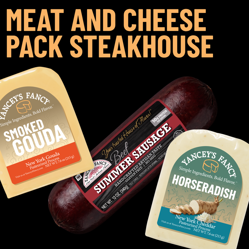 Yancey's Fancy Steakhouse Charcuterie Meat & Cheese Pack includes Beef Summer Sausage, 7.6 ounce wedge Horseradish Cheddar and 7.6 ounce wedge of smoked gouda.