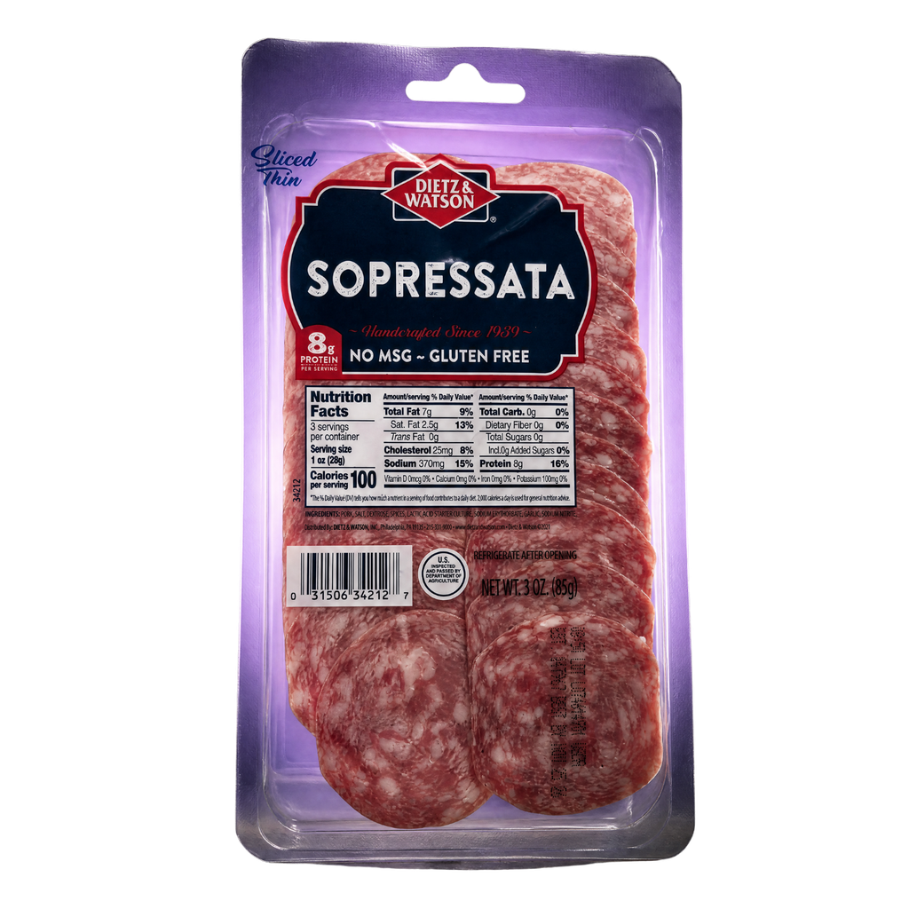 Dietz & Watson Sopressata 3.0 package thinly sliced perfect for charcuterie boards or sandwiches.
