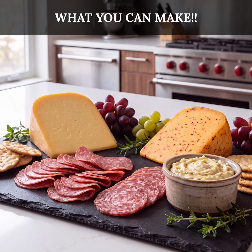 Inspiration picture of the charcuterie board that can be made using the meat and cheese from the Yancey's Fancy Crowd Please Charcuterie Kit.