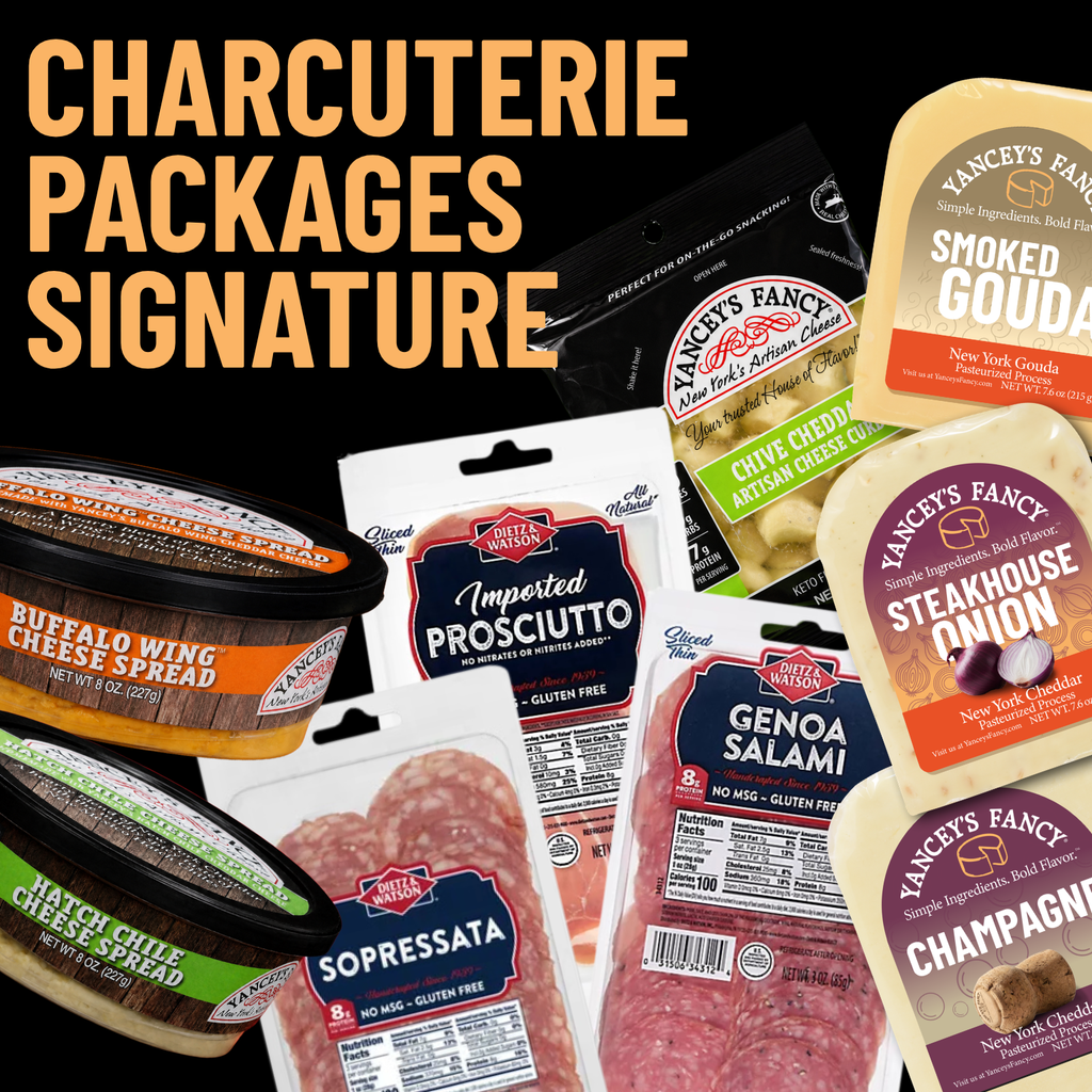 Yancey's Fancy Grand Gathering Signature Charcuterie Pack is perfect for 8-10 people. It includes 3 7.6 ounce wedges (Steakhouse Onion Cheddar, Smoked Gouda, and Champagne Cheddar); Roasted Garlic Cheese Curds; 2 Cheese Dips (Buffalo Wing Cheese Spread and Hatch Chili Cheese Spread); and 3 thinly sliced meats (Genoa Salami, Prosciutto & Sopressata).