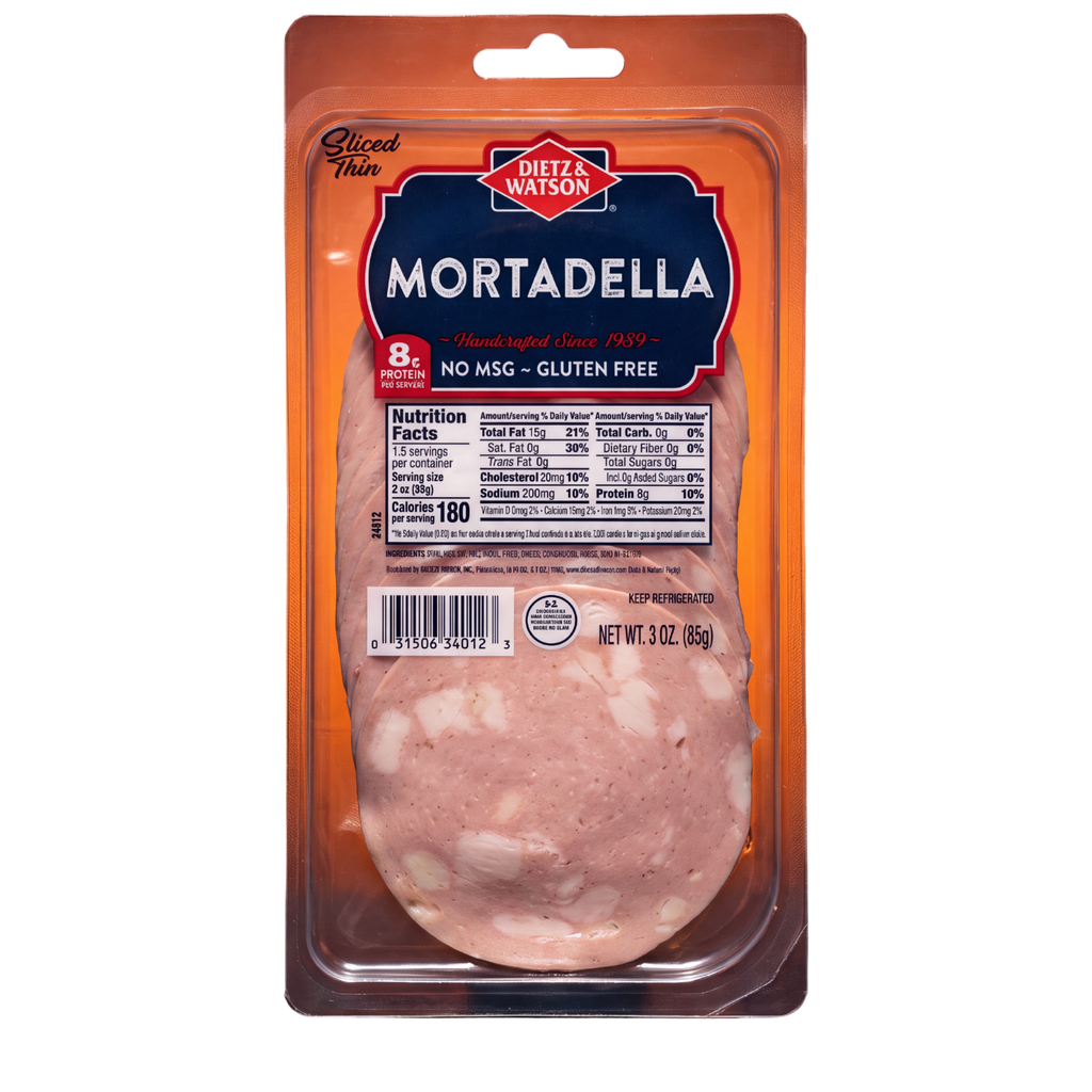 Dietz & Watson Mortadella 3.0 packaged thinly sliced.