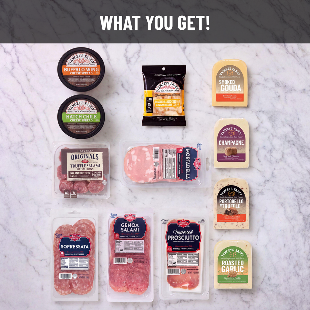 Yancey's Fancy Ultimate Feast Charcuterie Pack comes with Smoked Gouda, Dietz & Watson Genoa Salami, Prosciutto, Sopressata, Mortadella, Natural Truffle Salami Medallions, Champagne Cheddar, Portobello & Truffle Cheddar, Roasted Garlic Cheddar, Cheddar Chive Cheese Curds, Buffalo Wing Cheese Dip, Hatch Chili Cheese Dip, Steakhouse Onion Cheese Dip.