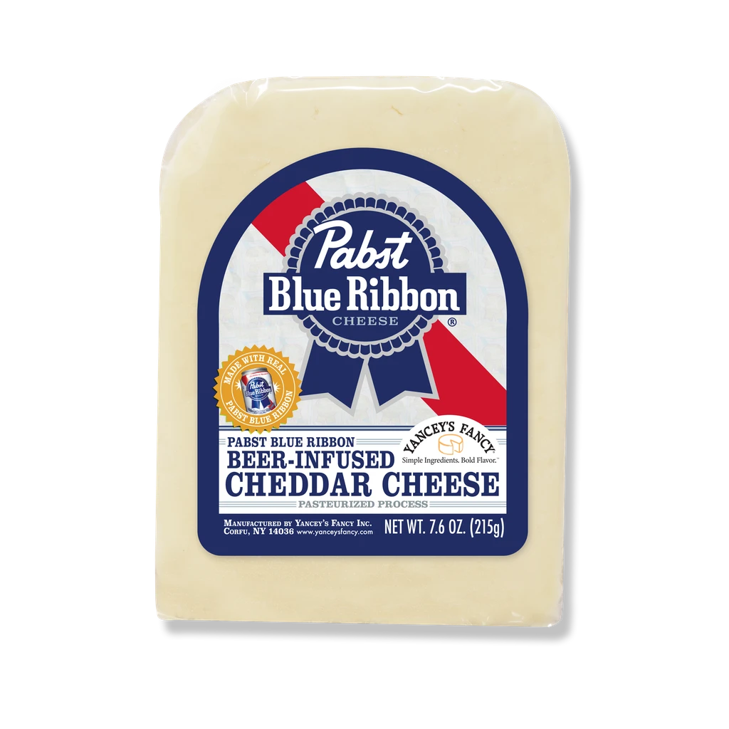 A package of Yancey's Fancy 7.6 ounce wedge of Pabst Blue Ribbon labeled cheese block.