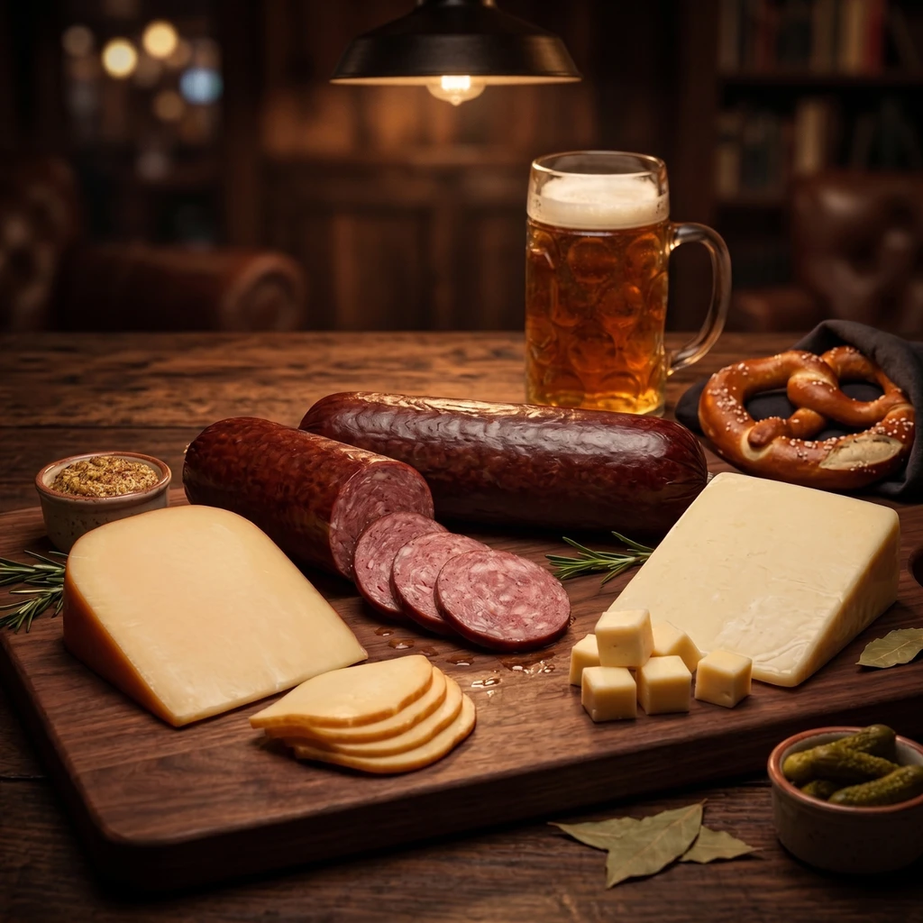 A rustic charcuterie board in a pub with sliced sausage, 2 cheese blocks, pretzels, and a mug of beer in the background.