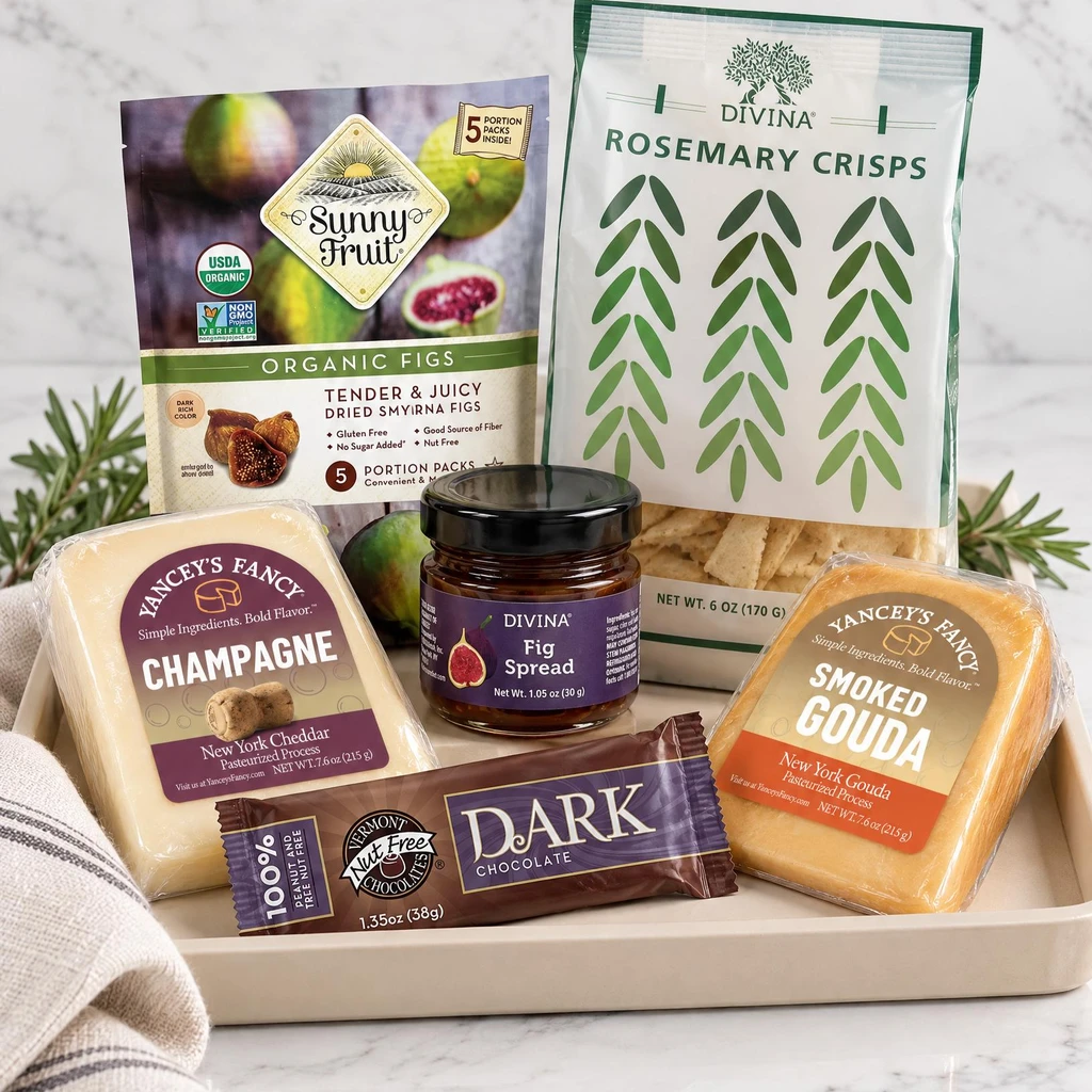 Taste Starter gourmet gift box packed with dark chocolate, Yancey's Fancy smoked gouda and champagne cheddar, Divina rosemary crisps, mini fig spread, and organic dried Turkish figs — an easy entry-level charcuterie gift.