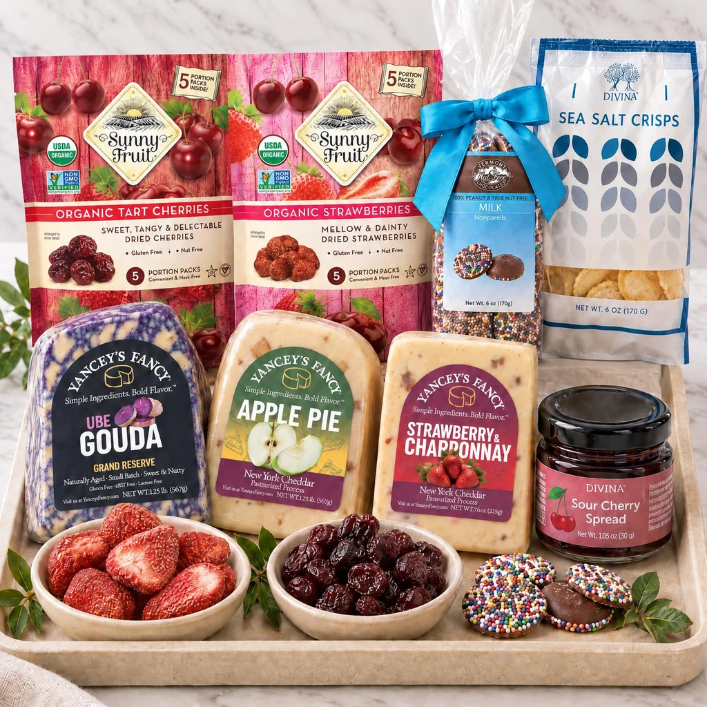 Sweet Board gift box featuring Divina sour cherry spread, Sunny Fruit dried strawberries and tart cherries, Yancey's Fancy Ube Gouda, Apple Pie and Strawberry & Chardonnay cheddars, Divina sea salt crisps, and chocolate nonpareils.