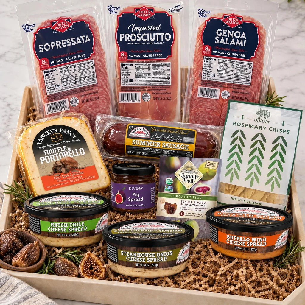 Grand Crate gift box charcuterie selection with Dietz & Watson Genoa salami, soppressata, and prosciutto, Yancey's Fancy Truffle & Portobello cheddar, Divina rosemary crisps, and Hatch Chile, Buffalo Wing, and Steakhouse Onion cheese spreads.