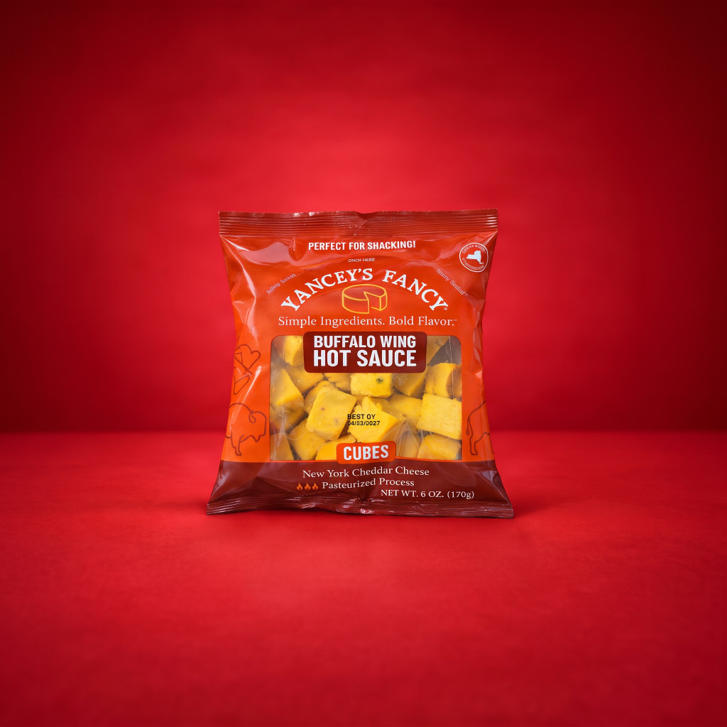 Yancey's Fancy Buffalo Hot Wing Sauce Cheddar Cheese  6 ounce cubes packaged with red background.