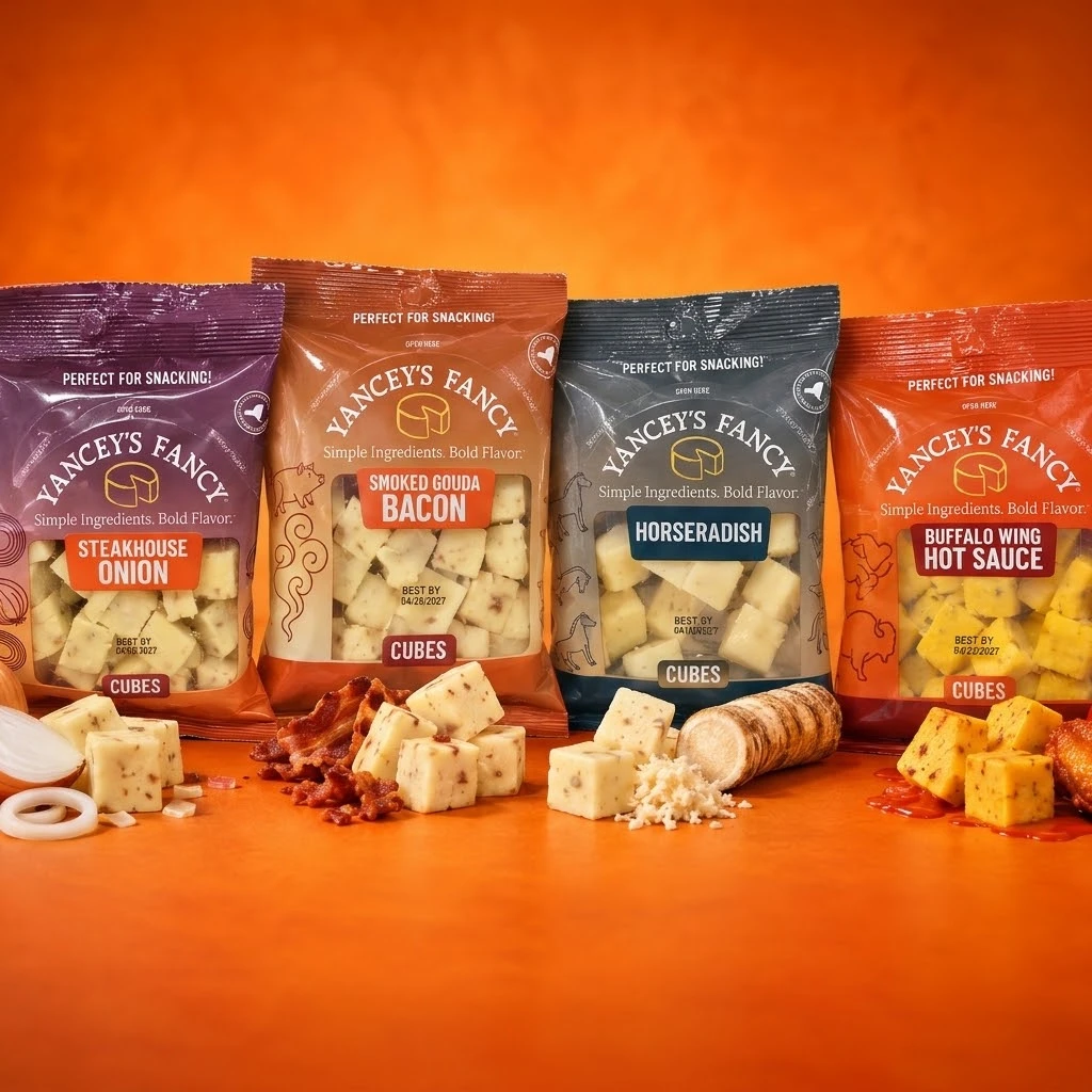 4 packs of Yancey's Fancy Cheese Cubes with Steakhouse Onion Cheddar Cheese Cubes, Horseradish Cheddar Cubes, Buffalo Hot Wing Sauce Cheddar Cheese Cubes, Smoked Gouda with Bacon Cheese Cubes.