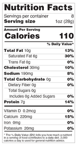 Yancey's Fancy Sharp White Cheddar Cheese Nutrition Label.