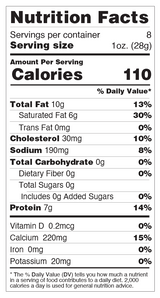 Yancey's Fancy X Sharp Yellow Cheddar Cheese Nutrition Label.