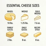 Yancey’s Fancy Cheese Sizes: 10lb Wheel, 7.6oz & 1.25oz Wedges, 8oz Stick, 8oz & 2lb Slices.