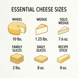 Yancey’s Fancy Sizes: 10lb Wheel, 7.6oz & 1.25oz Wedges, 8oz Stick, 8oz & 2lb Slices.