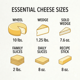 Yancey’s Fancy Cheese Sizes: 10lb Wheel, 7.6oz & 1.25oz Wedges, 8oz Stick, 8oz & 2lb Slices.