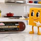 A log of Yancey's Fancy Beef & Pork Summer Sausage with Yancey Cheese Guy in a kitchen.