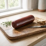 A 12-ounce log of Yancey's Fancy Beef & Garlic Summer Sausage sliced on a wooden cutting board in a kitchen counter.