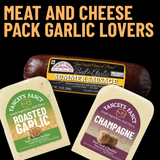 Yancey's Fancy Garlic Lovers Charcuterie Meat & Cheese Pack includes Beef & Garlic Summer Sausage, 7.6 ounce wedge of Champagne Cheddar and 7.6 ounce wedge of Roasted Garlic Cheddar.