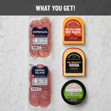 Yancey's Fancy Crowd Please Starter Charcuterie Kit package comes with Buffalo Hot Wing Sauce Cheddar, Smoked Gouda, Hatch Chili Cheese Dip, Sliced Genoa Salami and Sliced Soppressata.