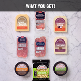 All the ingredients in the Yancey's Fancy Grand Gathering Signature Charcuterie Kit includes the steakhouse onion cheddar, smoked gouda, champagne cheddar, Roasted garlic cheese curds, Buffalo Wing cheese dip, Hatch chili cheese dip, Dietz & Watson Sopressata, Prosciutto and genoa Salami.