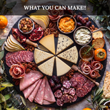 Inspiration image of the charcuterie board that can be built with the meat and cheeses from Yancey's Fancy Ultimate Feast Charcuterie Pack.