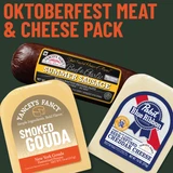 Yancey's Fancy Oktoberfest Meat & Cheese Pack promotional Graphic featuring a log of dietz & watson beef & garlic summer sausage and two 7.6 ounce wedges of cheese, labeled Smoked Gouda and Pabst Blue Ribbon Cheddar.
