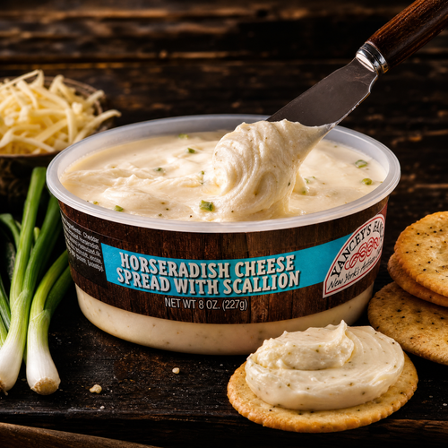 A stylized serving shot of an open 8-ounce tub of Yancey's Fancy Horseradish Cheese Spread with Scallion on a dark wooden surface. A cheese knife scoops a dollop of the creamy, off-white spread from the container, which features visible green scallion flecks. In the foreground, a cracker is topped with a smooth swirl of the spread, flanked by whole green scallions, crackers, and a small bowl of shredded cheese in the background.