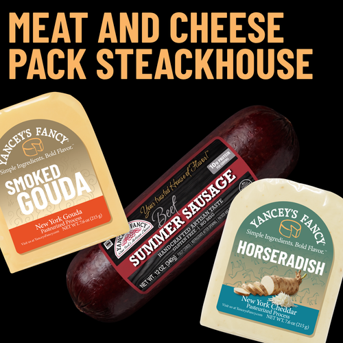 Yancey's Fancy Steakhouse Charcuterie Meat & Cheese Pack includes Beef Summer Sausage, 7.6 ounce wedge Horseradish Cheddar and 7.6 ounce wedge of smoked gouda.