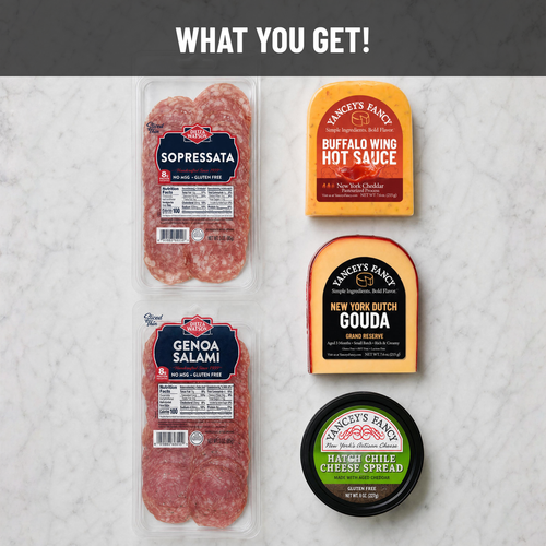 Yancey's Fancy Crowd Please Starter Charcuterie Kit package comes with Buffalo Hot Wing Sauce Cheddar, Smoked Gouda, Hatch Chili Cheese Dip, Sliced Genoa Salami and Sliced Soppressata.