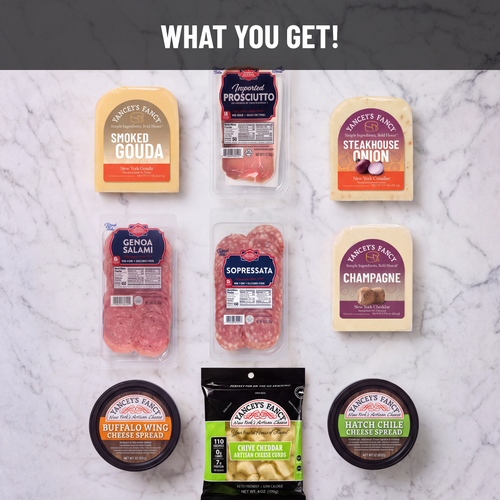 All the ingredients in the Yancey's Fancy Grand Gathering Signature Charcuterie Kit includes the steakhouse onion cheddar, smoked gouda, champagne cheddar, Roasted garlic cheese curds, Buffalo Wing cheese dip, Hatch chili cheese dip, Dietz & Watson Sopressata, Prosciutto and genoa Salami.