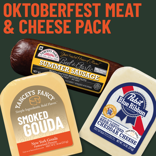 Yancey's Fancy Oktoberfest Meat & Cheese Pack promotional Graphic featuring a log of dietz & watson beef & garlic summer sausage and two 7.6 ounce wedges of cheese, labeled Smoked Gouda and Pabst Blue Ribbon Cheddar.