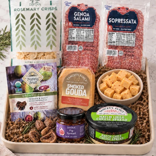 Crowd Pleaser charcuterie gift box featuring Dietz & Watson Genoa salami, Divina rosemary crisps, and Yancey's Fancy Hatch Chile cheese spread — a shareable snack board for entertaining.