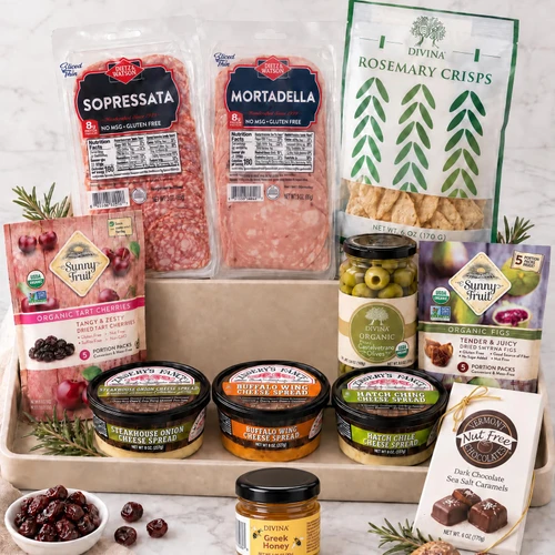 Ultimate Feast gift box featuring Dietz & Watson prosciutto, Genoa salami, and truffle salami medallions alongside Yancey's Fancy Champagne and Roasted Garlic cheddars and Chive Cheddar cheese curds.