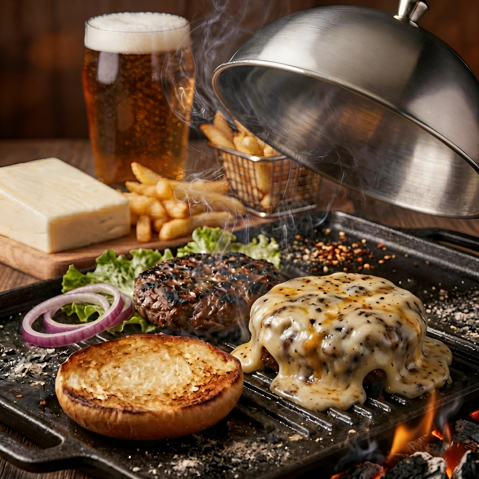 Yancey's Fancy artisan cheddar melted over a gourmet burger patty — bold cheese pull for smashburgers and pub-style melts