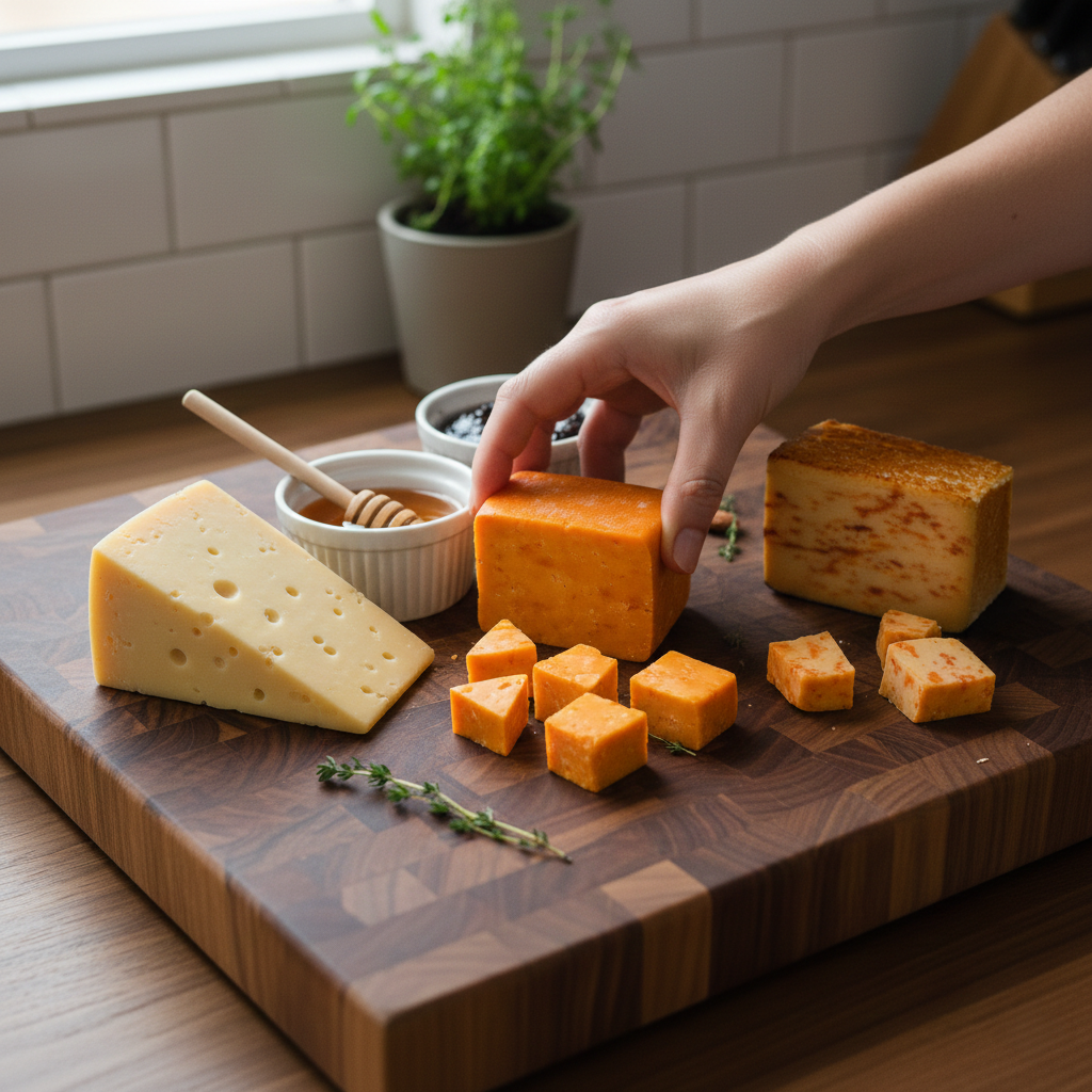 Step 2 — position Yancey's Fancy cheese wedges in sections across the charcuterie board