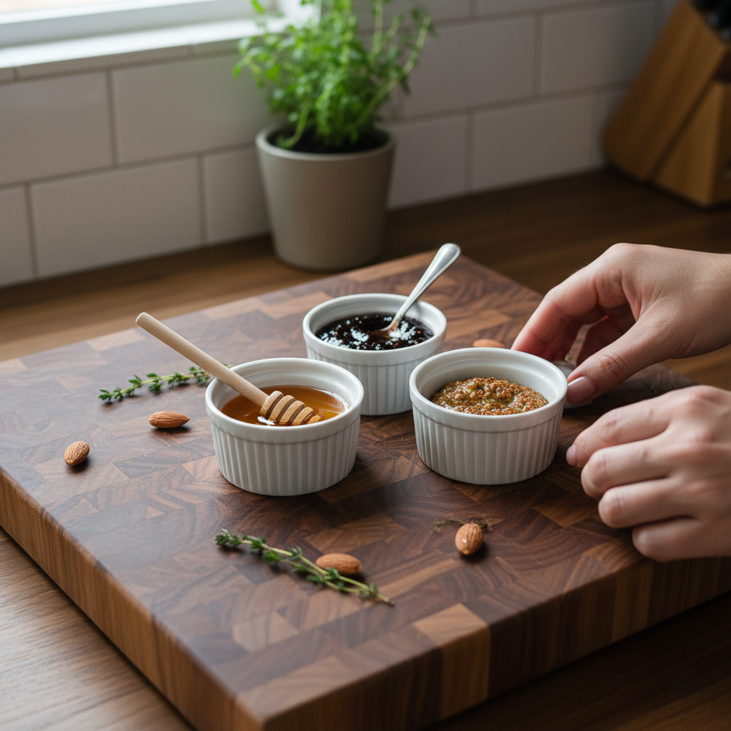 Step 1 — place ramekins of honey and jam as anchor points on your charcuterie board