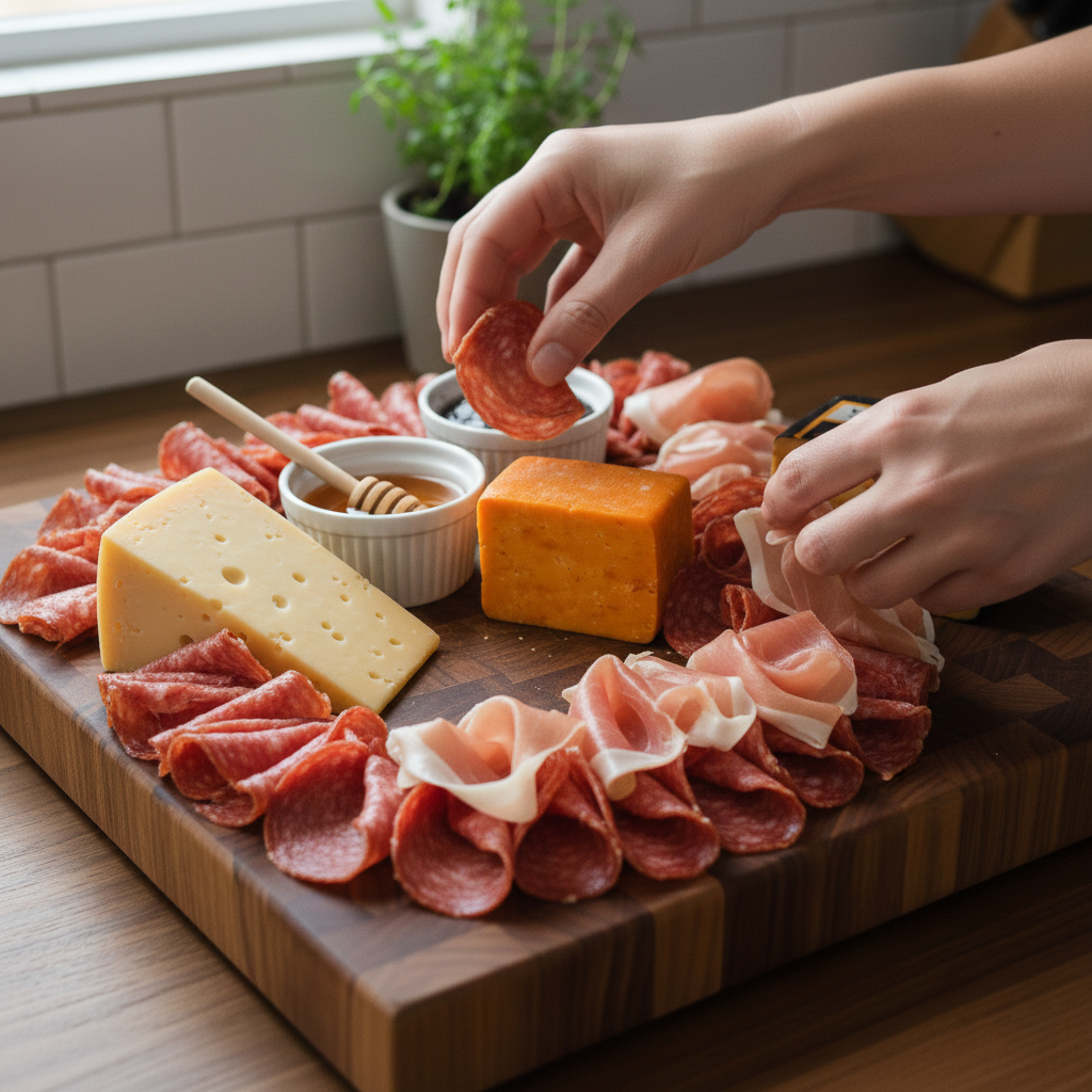 Step 3 — fold and ribbon prosciutto and salami to create a meat river on the board