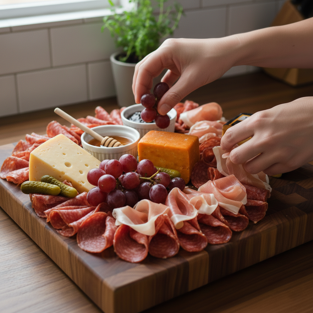 Step 4 — fill gaps with fresh grapes, berries, and cornichons on the charcuterie board